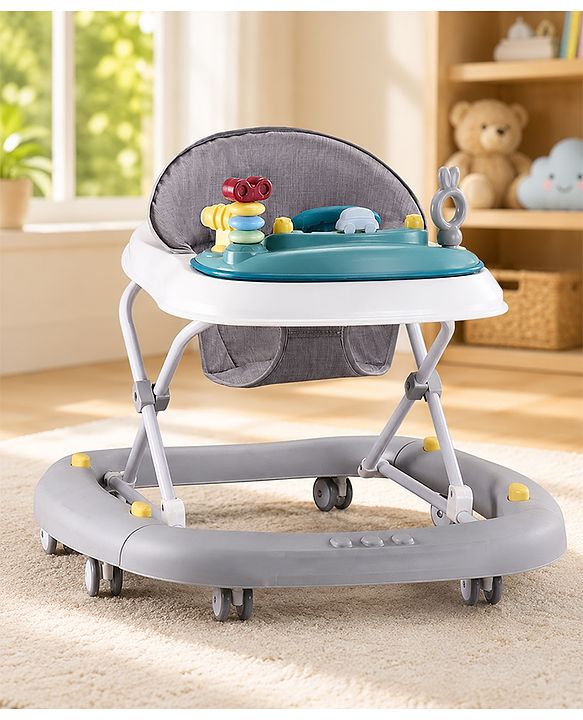 Babyhug Musical Baby Walker with Rocker Function 2-in-1 Convertible Adjustable Height Compact Fold Activity Toy Tray Stable Design Multi-Directional Wheels 624 Months - Grey