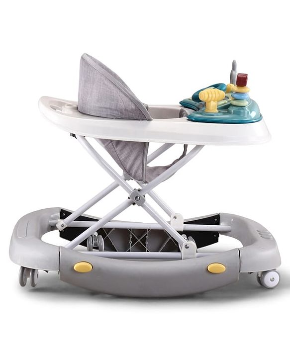 Babyhug Musical Baby Walker with Rocker Function 2-in-1 Convertible Adjustable Height Compact Fold Activity Toy Tray Stable Design Multi-Directional Wheels 624 Months - Grey