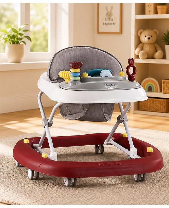 Babyhug Musical Baby Walker with Rocker Function 2-in-1 Convertible Adjustable Height Compact Fold Activity Toy Tray Stable Design Multi-Directional Wheels 624 Months  Red