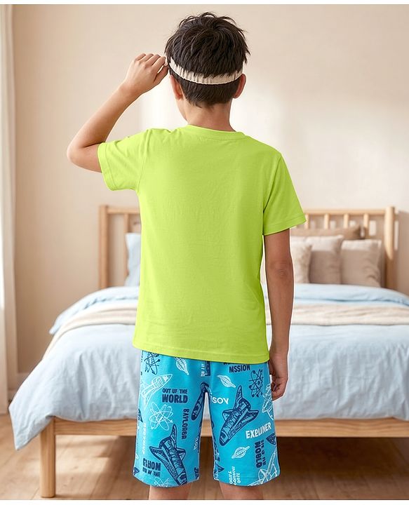 Pine Kids Cotton Knit Half Sleeves T-Shirt & Shorts Night Suit With Space Theme - Limegreen & Blue