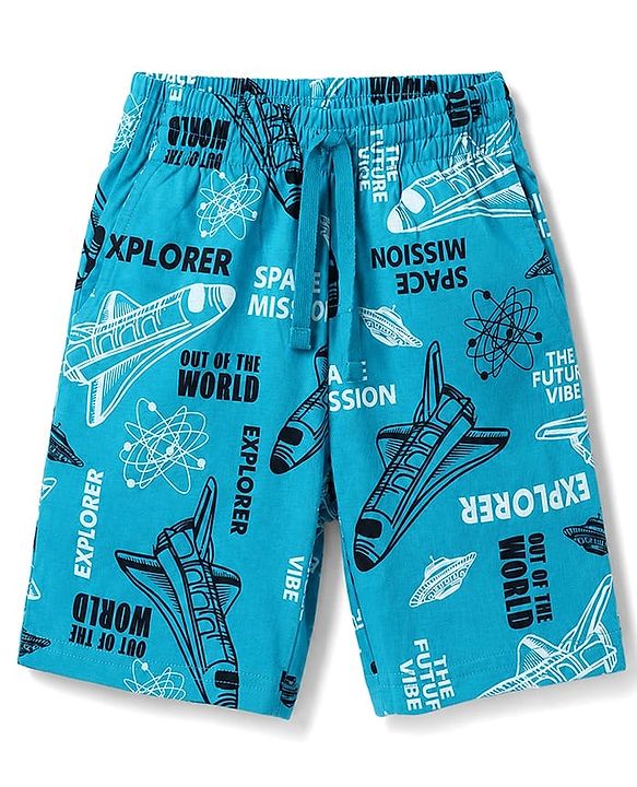 Pine Kids Cotton Knit Half Sleeves T-Shirt & Shorts Night Suit With Space Theme - Limegreen & Blue
