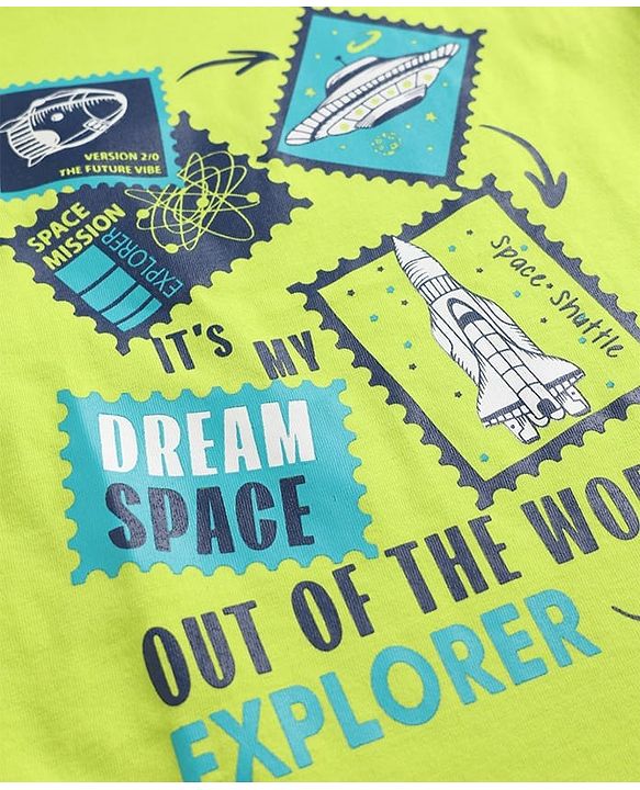 Pine Kids Cotton Knit Half Sleeves T-Shirt & Shorts Night Suit With Space Theme - Limegreen & Blue