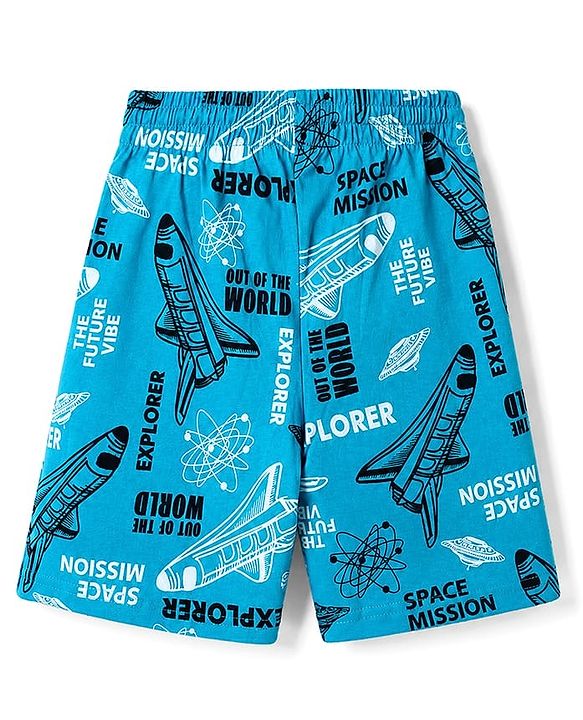 Pine Kids Cotton Knit Half Sleeves T-Shirt & Shorts Night Suit With Space Theme - Limegreen & Blue