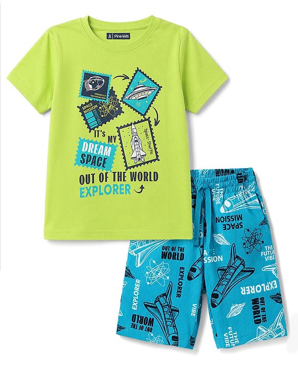 Pine Kids Cotton Knit Half Sleeves T-Shirt & Shorts Night Suit With Space Theme - Limegreen & Blue