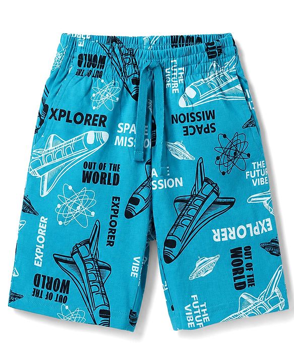Pine Kids Cotton Knit Half Sleeves T-Shirt & Shorts Night Suit With Space Theme - Limegreen & Blue