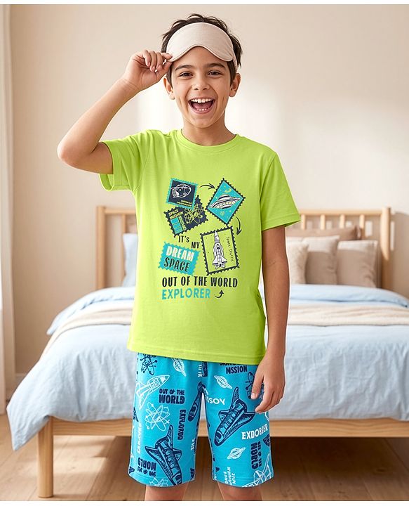 Pine Kids Cotton Knit Half Sleeves T-Shirt & Shorts Night Suit With Space Theme - Limegreen & Blue