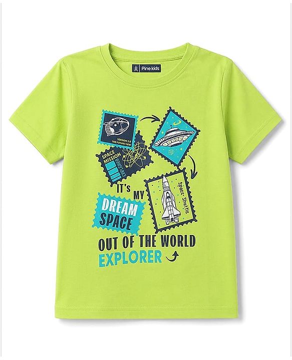 Pine Kids Cotton Knit Half Sleeves T-Shirt & Shorts Night Suit With Space Theme - Limegreen & Blue