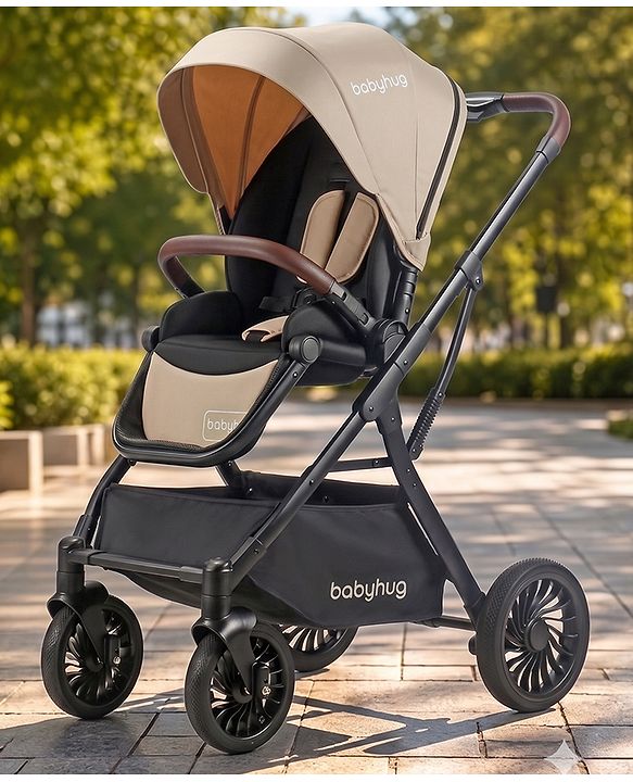 Babyhug Premium Baby Stroller with One-Hand Compact Fold - Beige| Compact Fold| Reclining Backrest| Safety Harness| Swivel Wheels with Lock| Linked Brake| Durable Aluminium Frame| Air Cabin Friendly