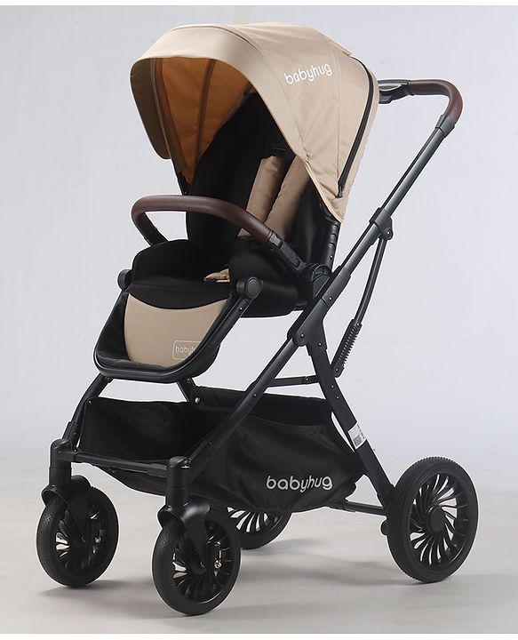 Babyhug Premium Baby Stroller with One-Hand Compact Fold - Beige| Compact Fold| Reclining Backrest| Safety Harness| Swivel Wheels with Lock| Linked Brake| Durable Aluminium Frame| Air Cabin Friendly