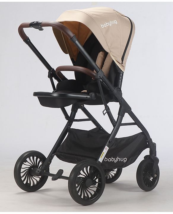 Babyhug Premium Baby Stroller with One-Hand Compact Fold - Beige| Compact Fold| Reclining Backrest| Safety Harness| Swivel Wheels with Lock| Linked Brake| Durable Aluminium Frame| Air Cabin Friendly