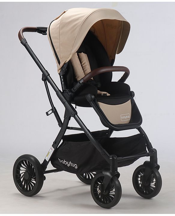 Babyhug Premium Baby Stroller with One-Hand Compact Fold - Beige| Compact Fold| Reclining Backrest| Safety Harness| Swivel Wheels with Lock| Linked Brake| Durable Aluminium Frame| Air Cabin Friendly