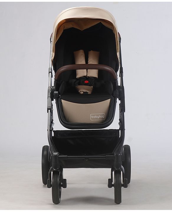 Babyhug Premium Baby Stroller with One-Hand Compact Fold - Beige| Compact Fold| Reclining Backrest| Safety Harness| Swivel Wheels with Lock| Linked Brake| Durable Aluminium Frame| Air Cabin Friendly