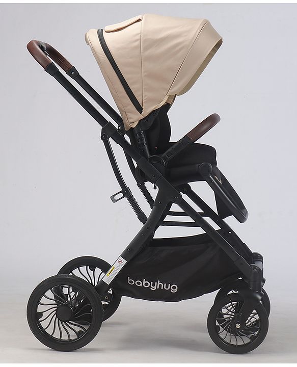 Babyhug Premium Baby Stroller with One-Hand Compact Fold - Beige| Compact Fold| Reclining Backrest| Safety Harness| Swivel Wheels with Lock| Linked Brake| Durable Aluminium Frame| Air Cabin Friendly