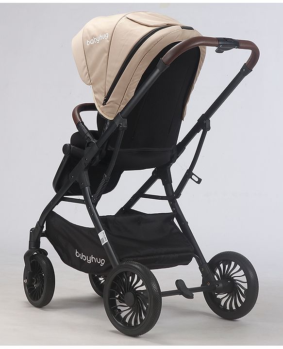 Babyhug Premium Baby Stroller with One-Hand Compact Fold - Beige| Compact Fold| Reclining Backrest| Safety Harness| Swivel Wheels with Lock| Linked Brake| Durable Aluminium Frame| Air Cabin Friendly