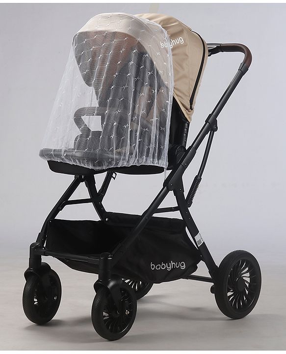 Babyhug Premium Baby Stroller with One-Hand Compact Fold - Beige| Compact Fold| Reclining Backrest| Safety Harness| Swivel Wheels with Lock| Linked Brake| Durable Aluminium Frame| Air Cabin Friendly