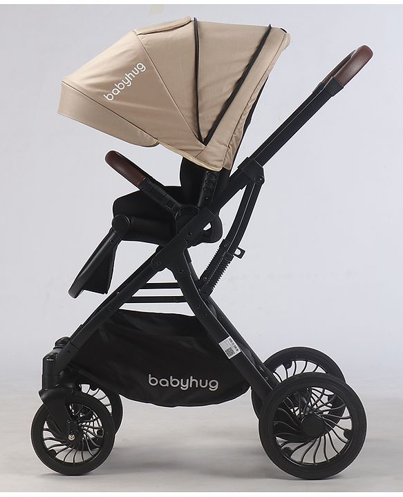 Babyhug Premium Baby Stroller with One-Hand Compact Fold - Beige| Compact Fold| Reclining Backrest| Safety Harness| Swivel Wheels with Lock| Linked Brake| Durable Aluminium Frame| Air Cabin Friendly