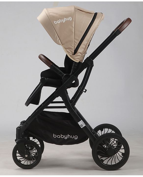 Babyhug Premium Baby Stroller with One-Hand Compact Fold - Beige| Compact Fold| Reclining Backrest| Safety Harness| Swivel Wheels with Lock| Linked Brake| Durable Aluminium Frame| Air Cabin Friendly