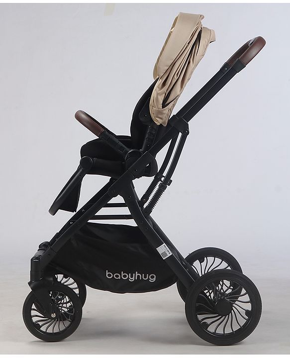 Babyhug Premium Baby Stroller with One-Hand Compact Fold - Beige| Compact Fold| Reclining Backrest| Safety Harness| Swivel Wheels with Lock| Linked Brake| Durable Aluminium Frame| Air Cabin Friendly