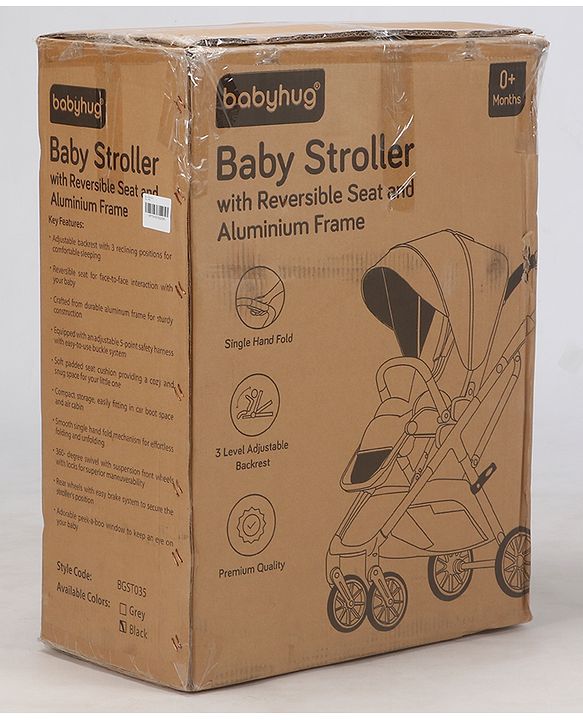 Babyhug Premium Baby Stroller with One-Hand Compact Fold - Beige| Compact Fold| Reclining Backrest| Safety Harness| Swivel Wheels with Lock| Linked Brake| Durable Aluminium Frame| Air Cabin Friendly