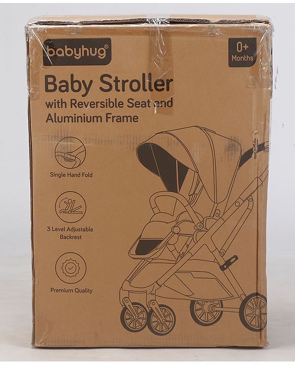 Babyhug Premium Baby Stroller with One-Hand Compact Fold - Beige| Compact Fold| Reclining Backrest| Safety Harness| Swivel Wheels with Lock| Linked Brake| Durable Aluminium Frame| Air Cabin Friendly