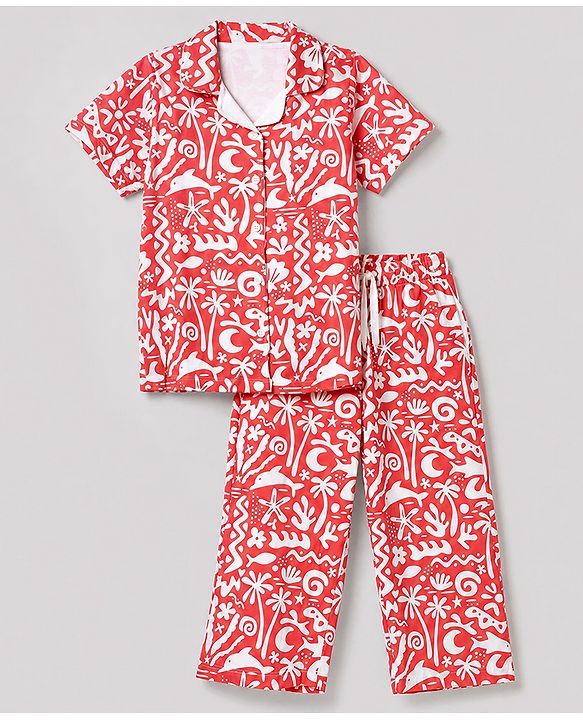 Pine Kids Cotton Knit Half Sleeves Co-Ords Shirt & Capri Night Suit with Sea Print - Red
