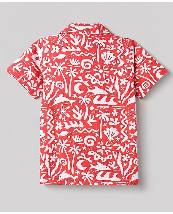 Pine Kids Cotton Knit Half Sleeves Co-Ords Shirt & Capri Night Suit with Sea Print - Red