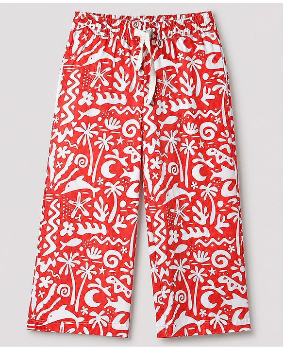 Pine Kids Cotton Knit Half Sleeves Co-Ords Shirt & Capri Night Suit with Sea Print - Red