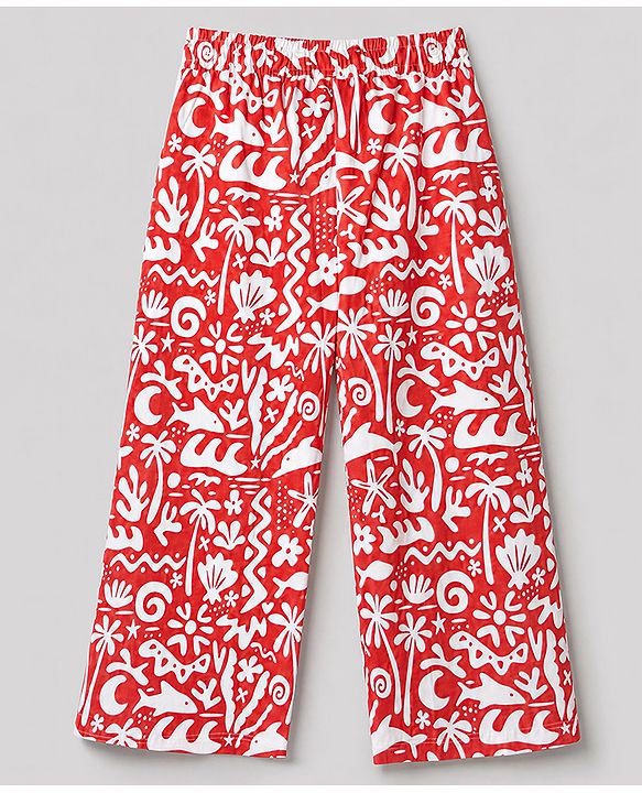 Pine Kids Cotton Knit Half Sleeves Co-Ords Shirt & Capri Night Suit with Sea Print - Red