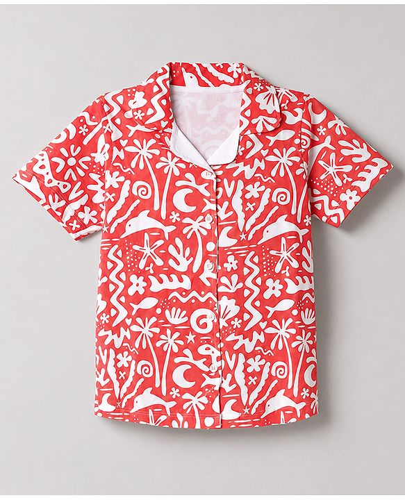 Pine Kids Cotton Knit Half Sleeves Co-Ords Shirt & Capri Night Suit with Sea Print - Red