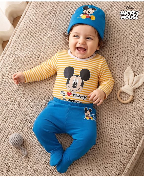 Babyhug Disney Interlock Knit Full Sleeves Striped Onesie & Legging With Cap & Mickey Mouse Graphics - Multicolor
