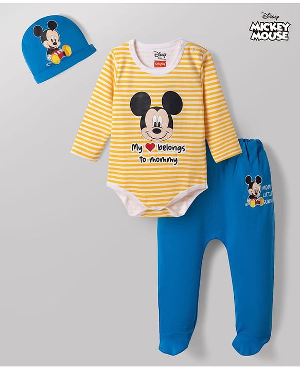 Babyhug Disney Interlock Knit Full Sleeves Striped Onesie & Legging With Cap & Mickey Mouse Graphics - Multicolor