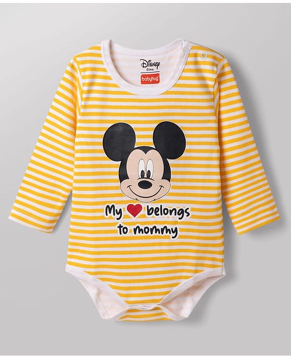 Babyhug Disney Interlock Knit Full Sleeves Striped Onesie & Legging With Cap & Mickey Mouse Graphics - Multicolor