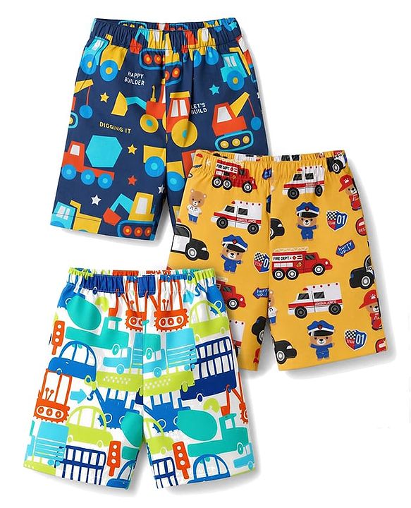 Babyhug  Poplin woven Above Knee Length Boxer with JCB & Bear Print Pack of 3- Navy & Yellow