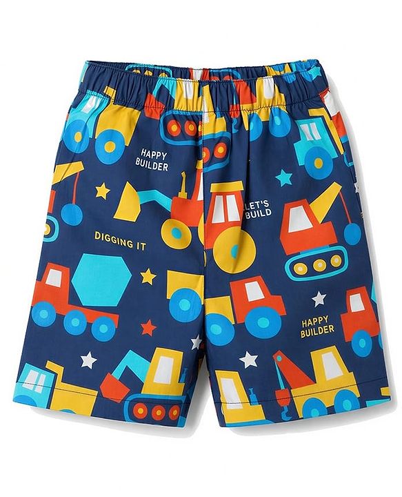 Babyhug  Poplin woven Above Knee Length Boxer with JCB & Bear Print Pack of 3- Navy & Yellow