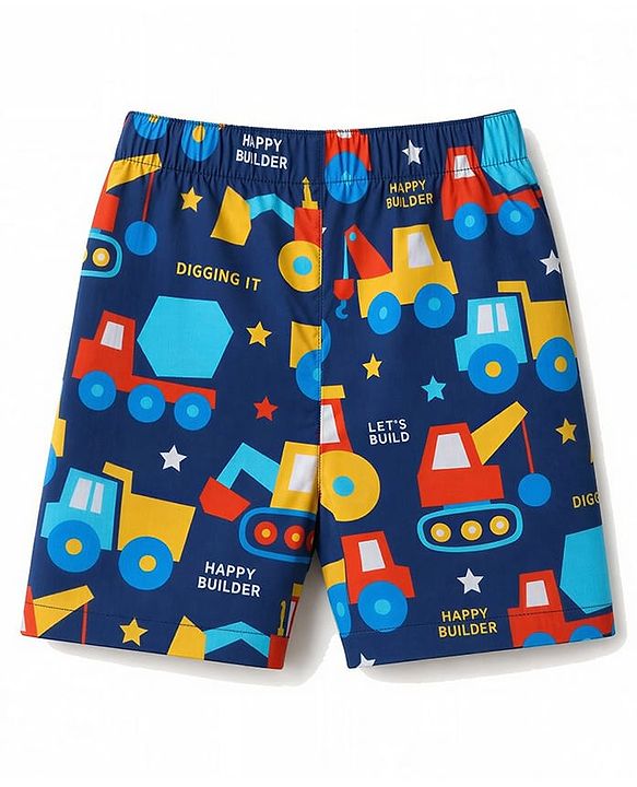 Babyhug  Poplin woven Above Knee Length Boxer with JCB & Bear Print Pack of 3- Navy & Yellow