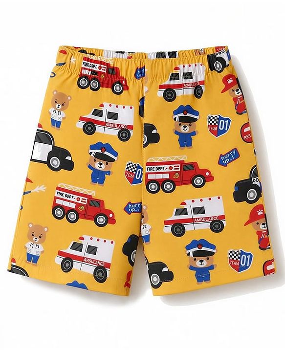 Babyhug  Poplin woven Above Knee Length Boxer with JCB & Bear Print Pack of 3- Navy & Yellow