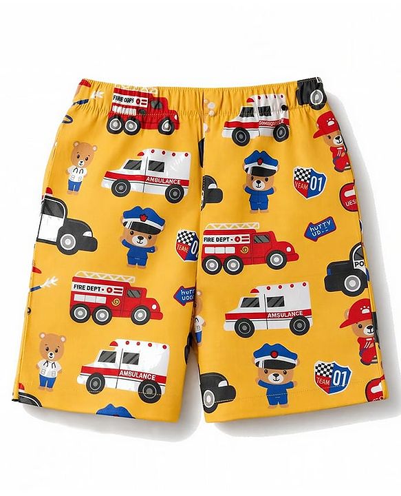 Babyhug  Poplin woven Above Knee Length Boxer with JCB & Bear Print Pack of 3- Navy & Yellow