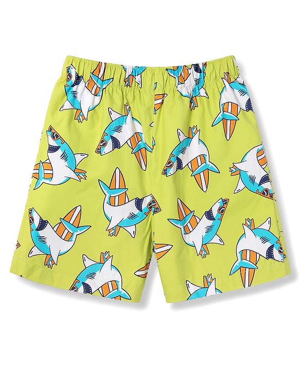 Babyhug Poplin Woven Above Knee Length Text & Sea Life Printed Boxers Pack Of 3 - Neon Green & Light Blue