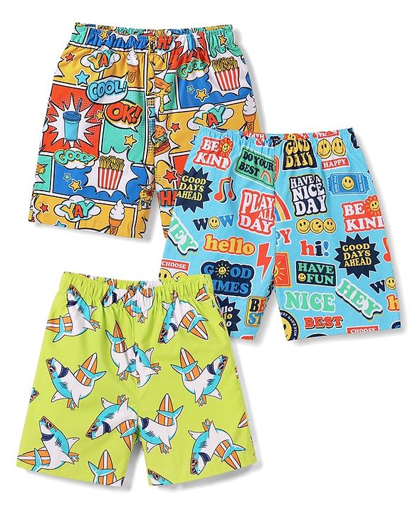 Babyhug Poplin Woven Above Knee Length Text & Sea Life Printed Boxers Pack Of 3 - Neon Green & Light Blue