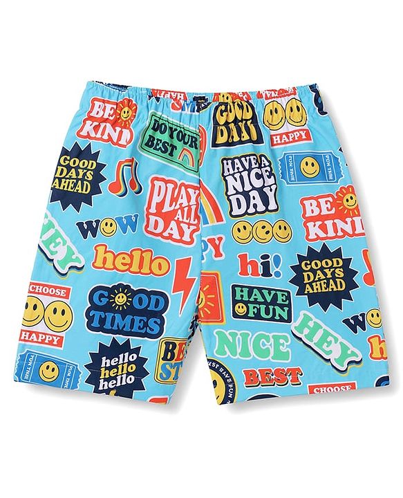 Babyhug Poplin Woven Above Knee Length Text & Sea Life Printed Boxers Pack Of 3 - Neon Green & Light Blue