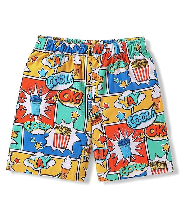 Babyhug Poplin Woven Above Knee Length Text & Sea Life Printed Boxers Pack Of 3 - Neon Green & Light Blue