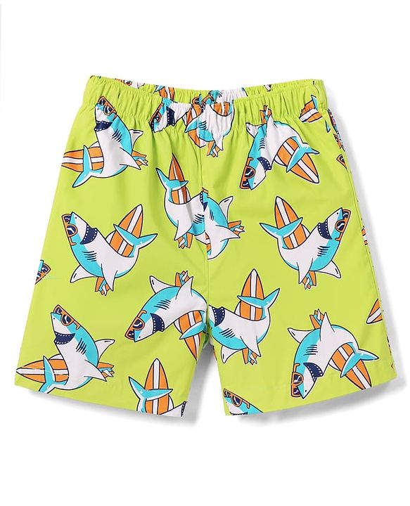 Babyhug Poplin Woven Above Knee Length Text & Sea Life Printed Boxers Pack Of 3 - Neon Green & Light Blue