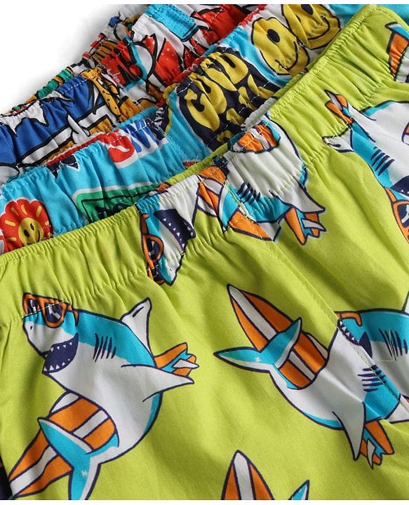 Babyhug Poplin Woven Above Knee Length Text & Sea Life Printed Boxers Pack Of 3 - Neon Green & Light Blue