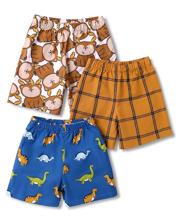 Babyhug Poplin Woven Above Knee Length Checkered & Bear Printed Boxers Pack of 3 - Brown & Blue