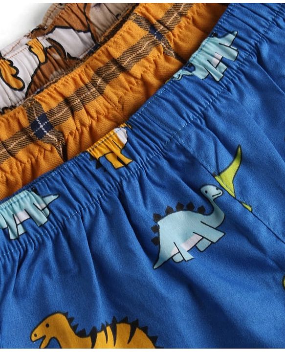 Babyhug Poplin Woven Above Knee Length Checkered & Bear Printed Boxers Pack of 3 - Brown & Blue