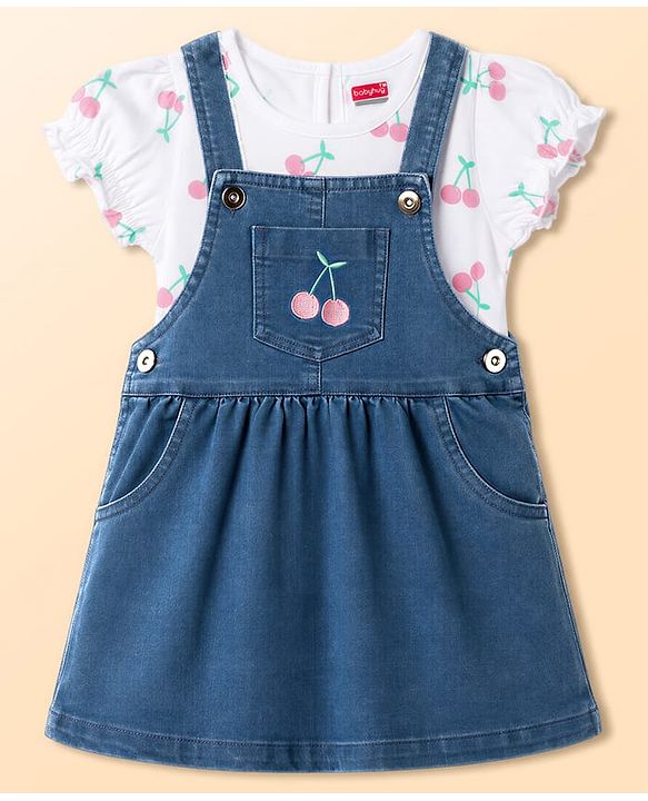 Babyhug Cotton Woven Frocks with Inner Tee With Cherry Embroidery & Print - Blue
