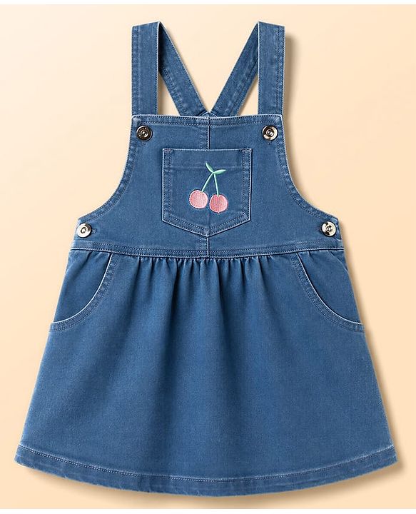 Babyhug Cotton Woven Frocks with Inner Tee With Cherry Embroidery & Print - Blue
