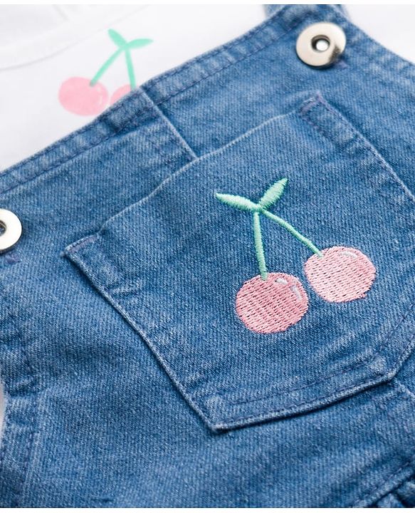 Babyhug Cotton Woven Frocks with Inner Tee With Cherry Embroidery & Print - Blue