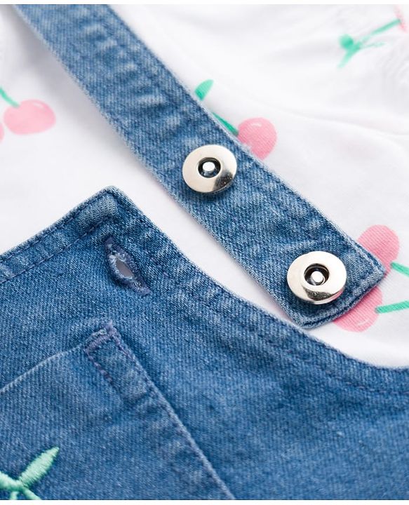 Babyhug Cotton Woven Frocks with Inner Tee With Cherry Embroidery & Print - Blue