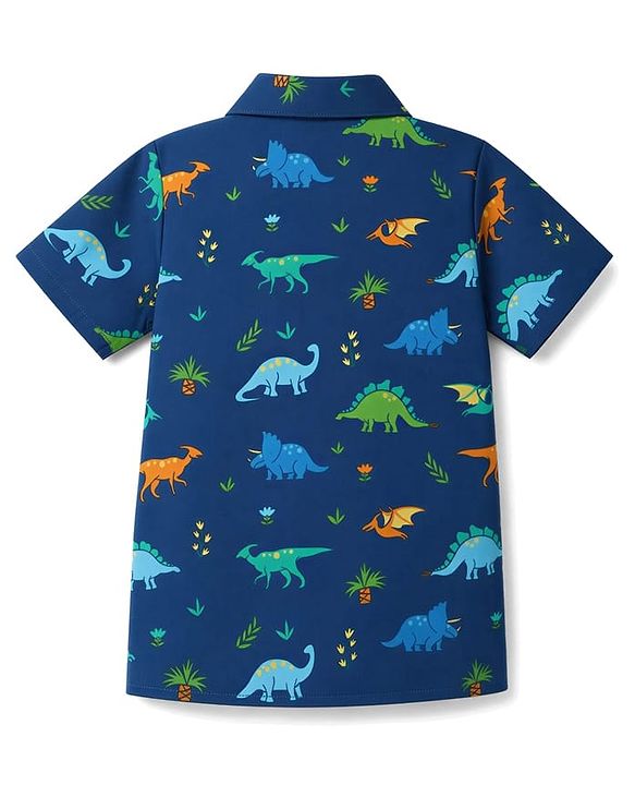 Babyhug 100% Cotton Knit Half Sleeves Shirt & Pyjama Night Suit Co-ords With Dino Print - Blue